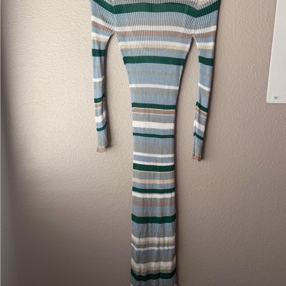 Striped Long-Sleeve Maxi Dress in Green, Blue & Cream